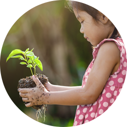little girl holding a plant with dirt in the roots