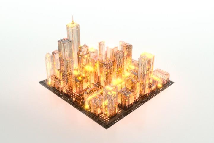 Clear city image over a microchip