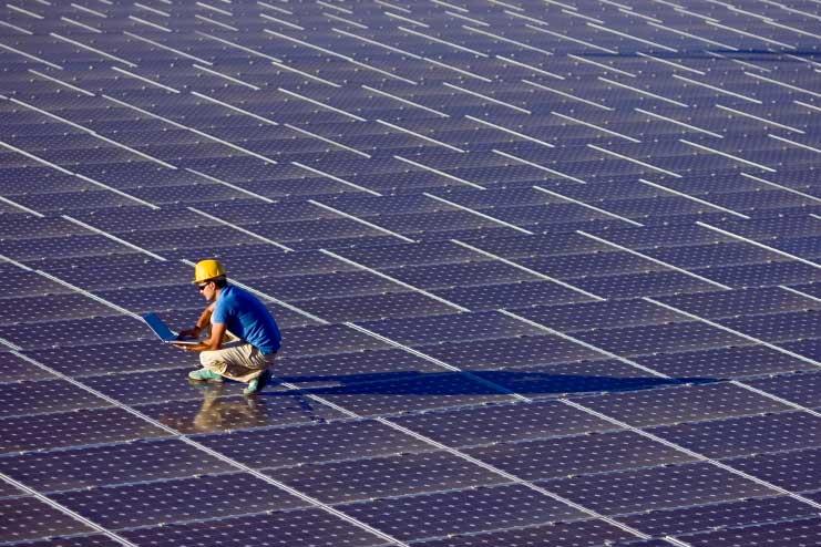 Man standing on a solar panel array