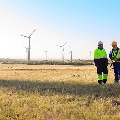 two men standing in the middle of a wind farm