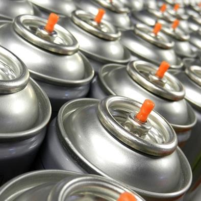 large group of silver aerosol cans