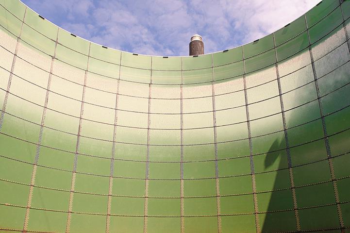low angle inside view of empty storage tank